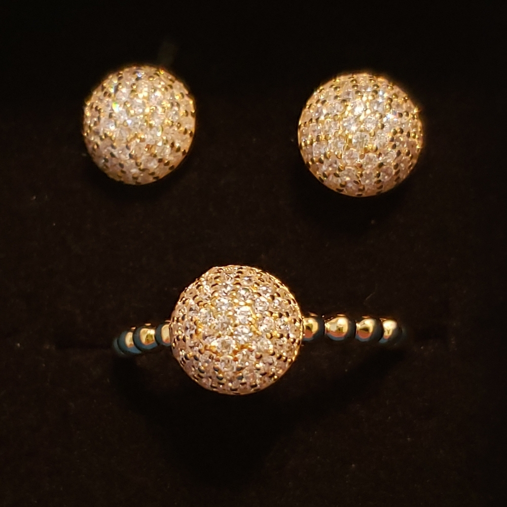 Sz 9, White Cubic Zirconia 18K YG Over 925 Silver Ring & Earrings Set, NWT